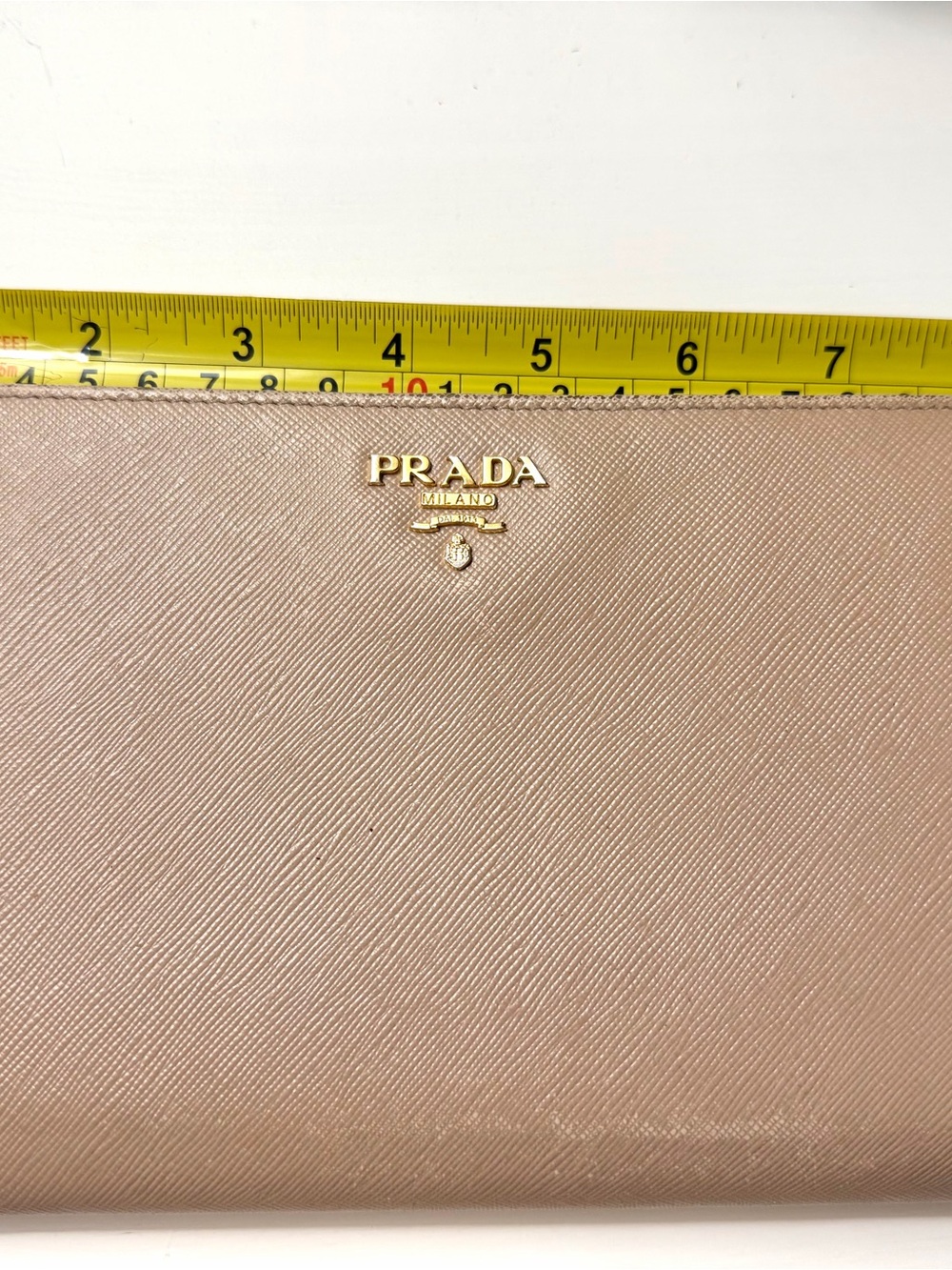 Prada tan Saffiano Leather Zip Wallet with Gold Logo